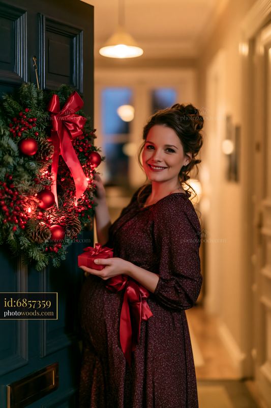Christmas wreath on apartment door with pregnant woman holding gift