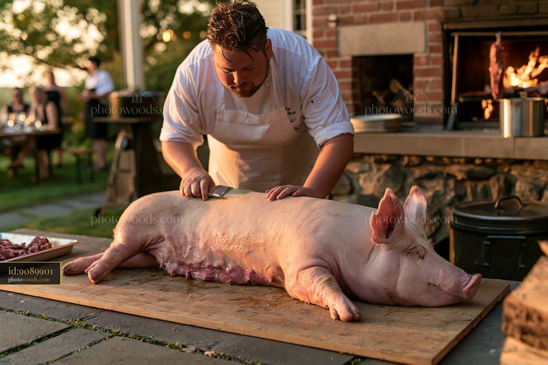 Pig roast preparation by professional chef outdoors