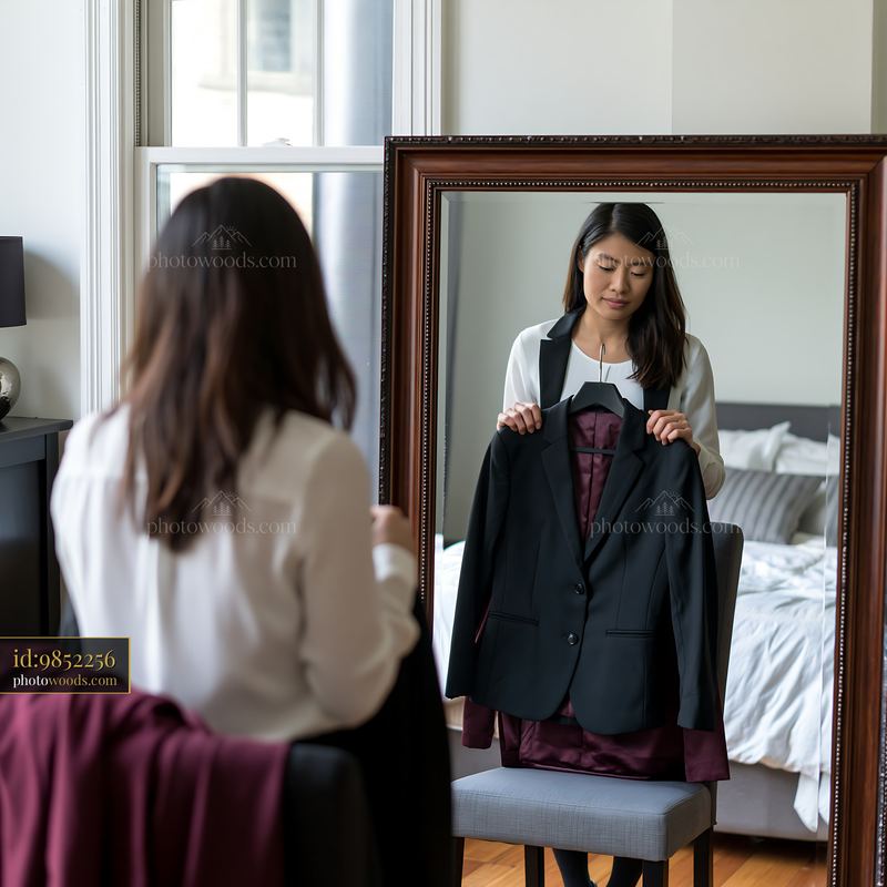 Professional woman checking suit jacket in mirror before interview