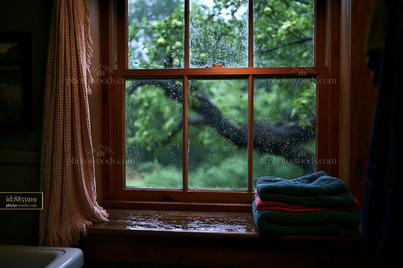 Rain-soaked wooden window in rural home with towels nearby