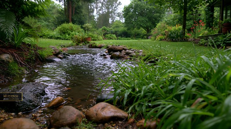 Rainy day view from a timber cottage with a running stream
