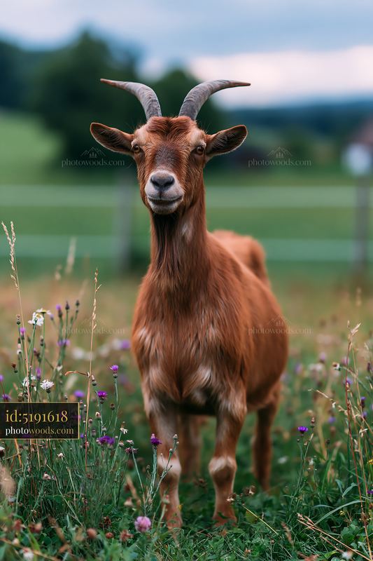 Rare breed goat standing in grassy field with flowers