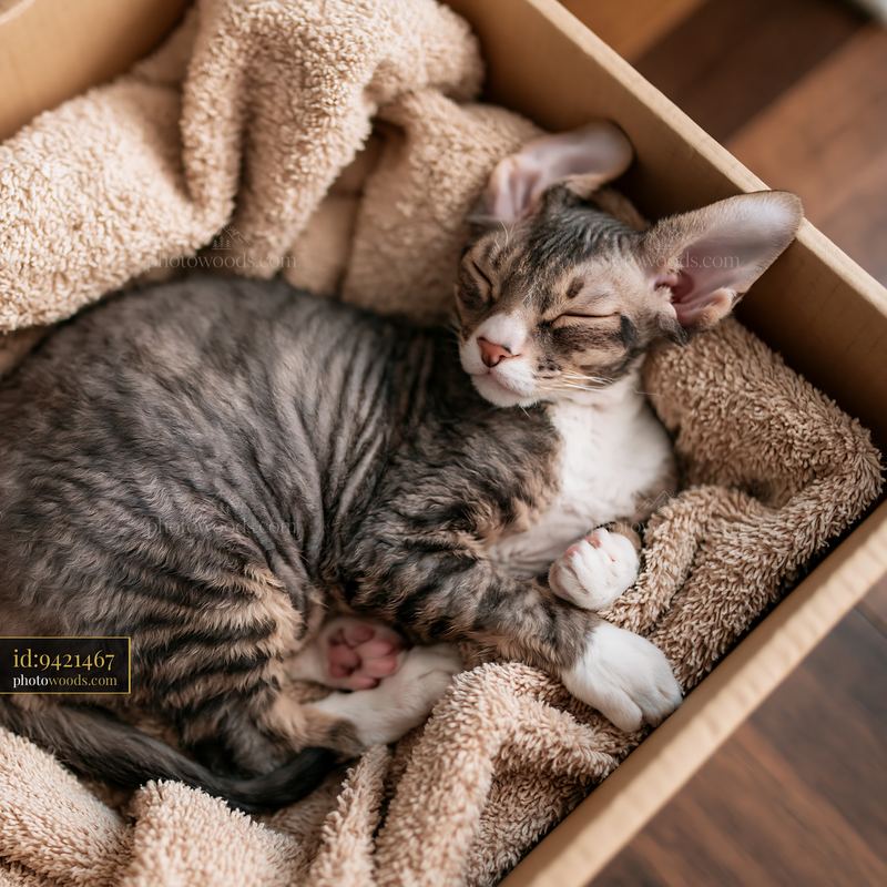 Rare cat breed sleeping at home in a cozy box