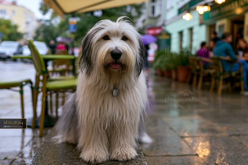 Rare dog breed sitting at outdoor café on a rainy day
