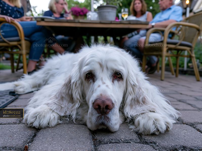 Rare dog breed resting at outdoor café with people nearby