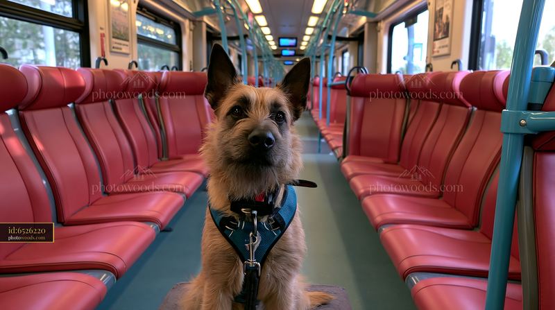Rare dog breed traveling by train through empty commuter car