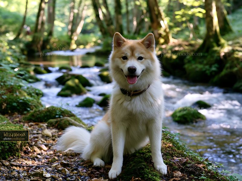 Unique dog breed sitting by a river in a forest setting