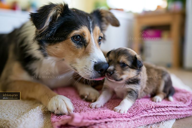 Rare dog breed mother with puppies in a cozy indoor setting