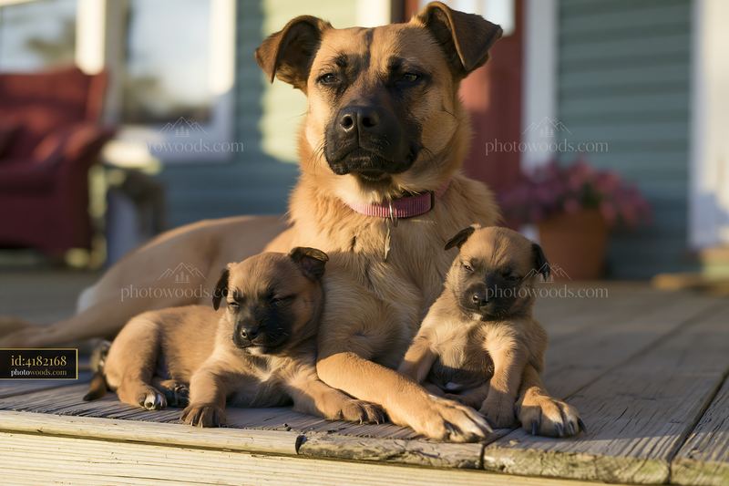 Rare dog breed mother sits with her puppies on a porch