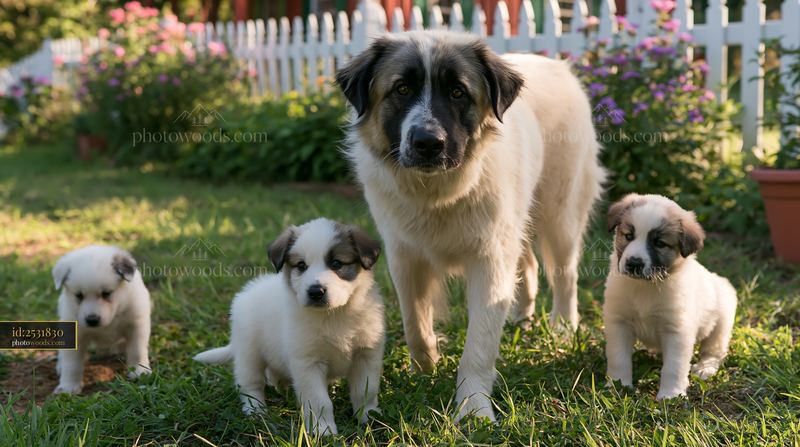 Rare dog breed mother with puppies in a sunny garden setting