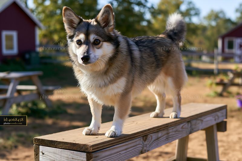 Rare dog breed standing on a wooden platform on a rural road