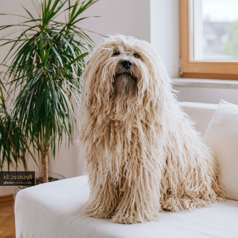Rare dog breed sitting on a white sofa in a bright room