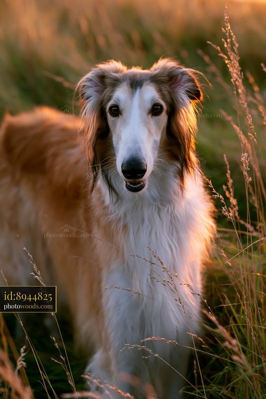 Rare dog breed standing in a grassy field at sunset