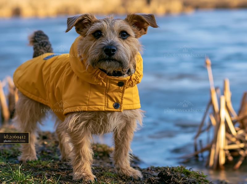 Rare dog breed photographed from above in a yellow coat by water
