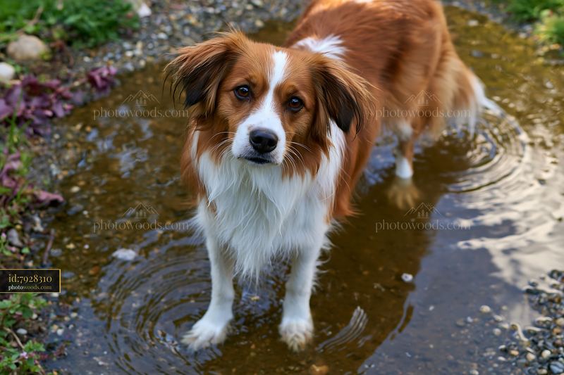 Rare dog breed standing in a puddle in a natural setting