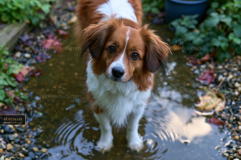 Rare dog breed standing in shallow water in garden setting