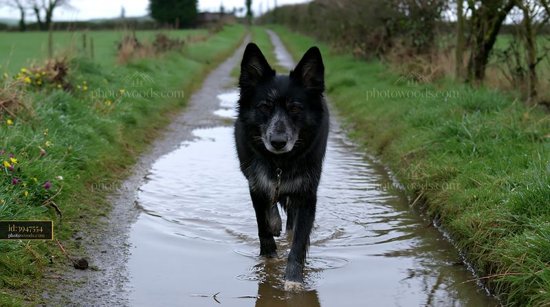 Rare dog breed walking through a puddle on a rural path