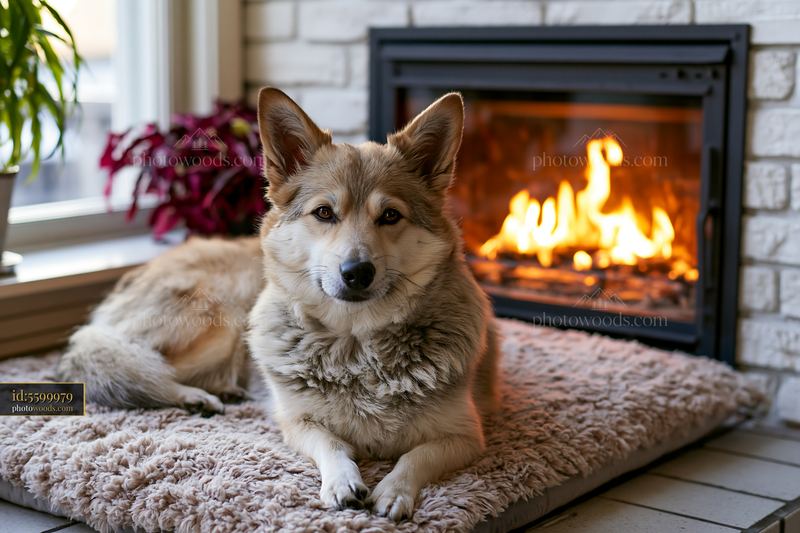Rare dog breed relaxing by fireplace in cozy indoor setting