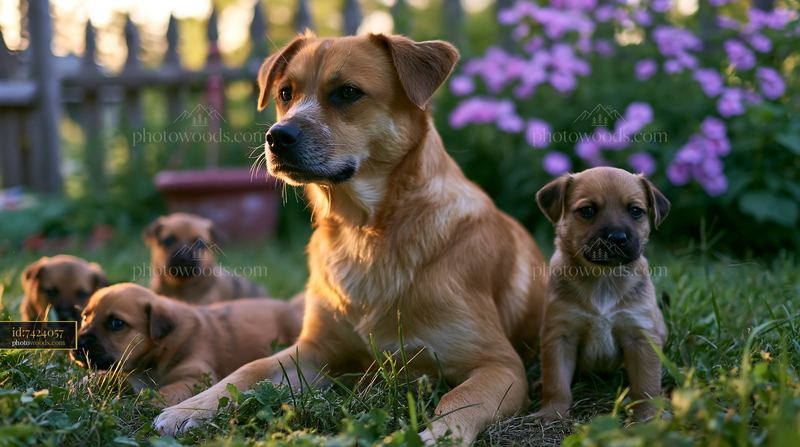 Rare dog breed wearing winter coat with puppies in garden