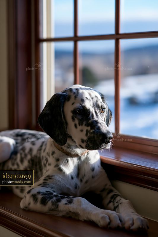 Rare dog breed with spotted coat resting by window