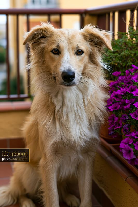 Rare dog breed with unusual coat texture sitting near flowers