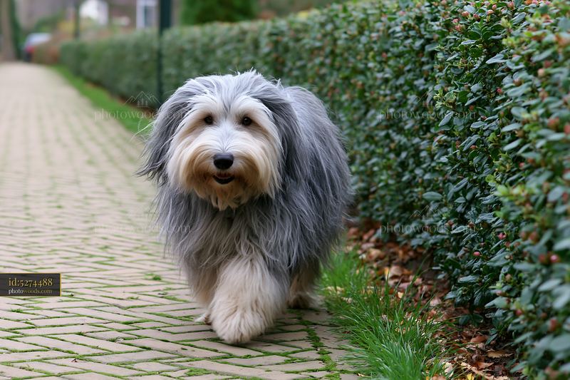 A rare dog breed with unusual coat texture walks along a garden path surrounded by green hedges.
