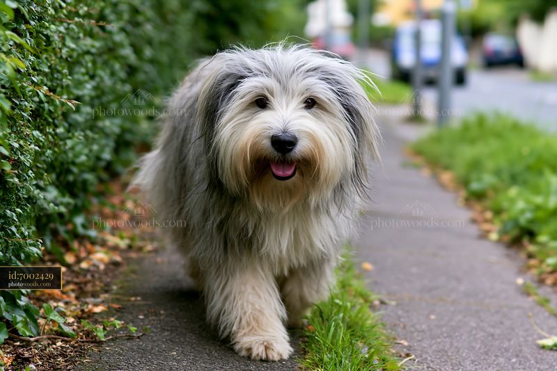 Rare dog breed walking on a sidewalk surrounded by greenery