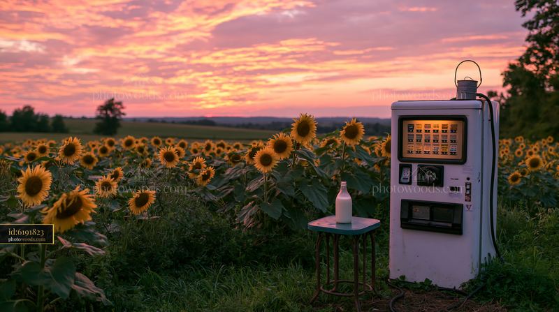 Raw milk vending machine in a sunflower field at sunset