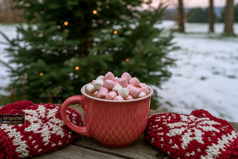Warm cocoa with marshmallows near tree in snowy outdoor setting