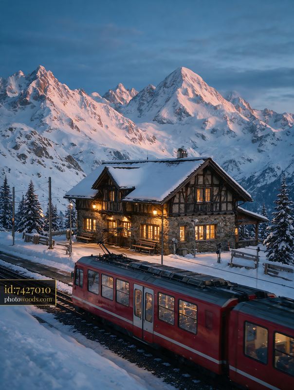 Swiss railway passing a mountain lodge in the Alps
