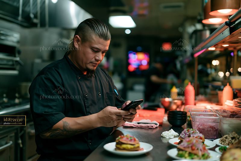 Employee checks smartphone while working in restaurant kitchen