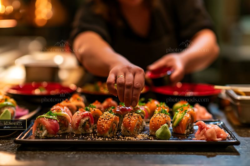 Restaurant worker preparing sushi order in a kitchen