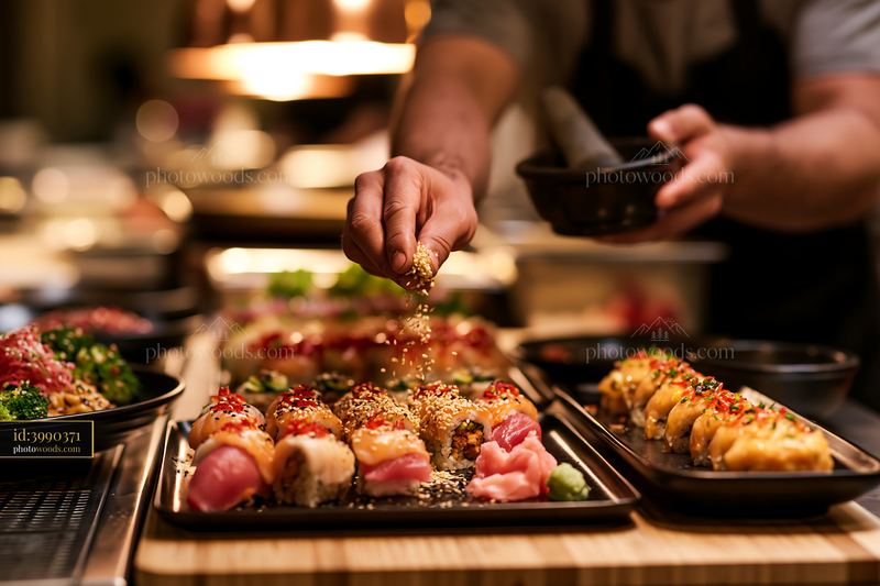 Restaurant worker preparing sushi order in busy kitchen