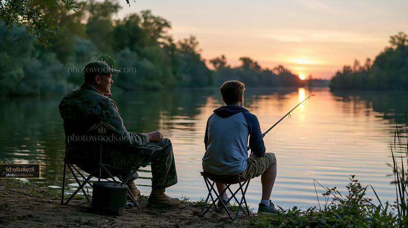 Retired soldier sharing fishing time with grandson at sunset