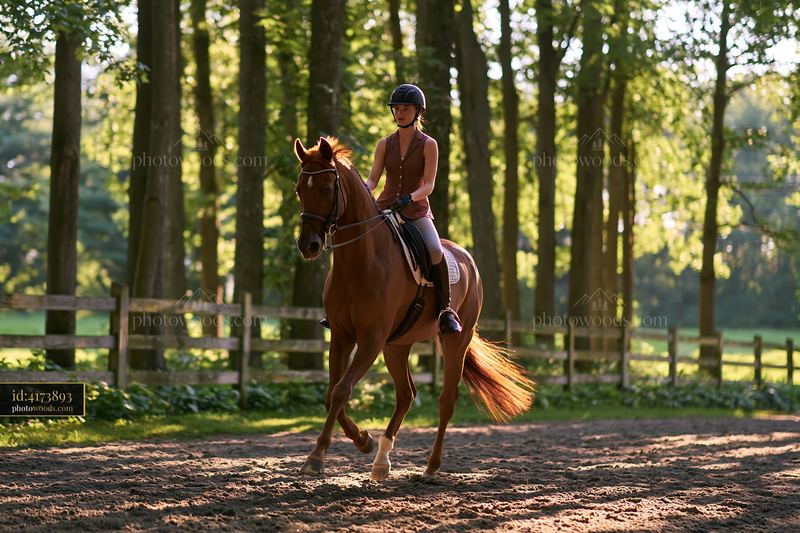 Dressage horse performing in a forested riding area