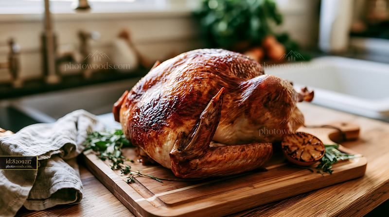 High-end kitchen with Christmas roast turkey on a wooden board