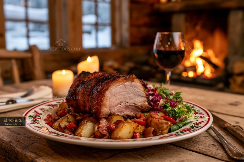 Roasted pig served with salad on a wooden table by the fireplace