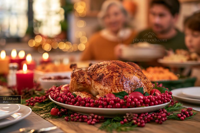Roasted turkey on festive dining table with family gathering