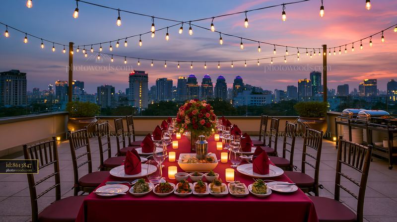 Rooftop buffet dinner with city skyline view at sunset
