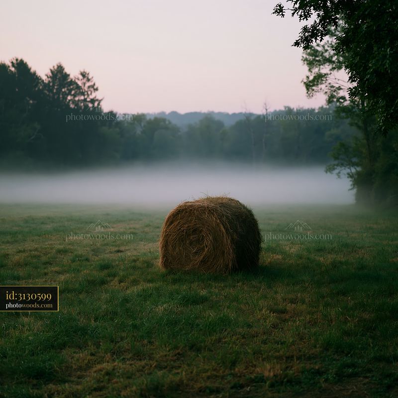 Hay bale in a foggy field during early morning hours