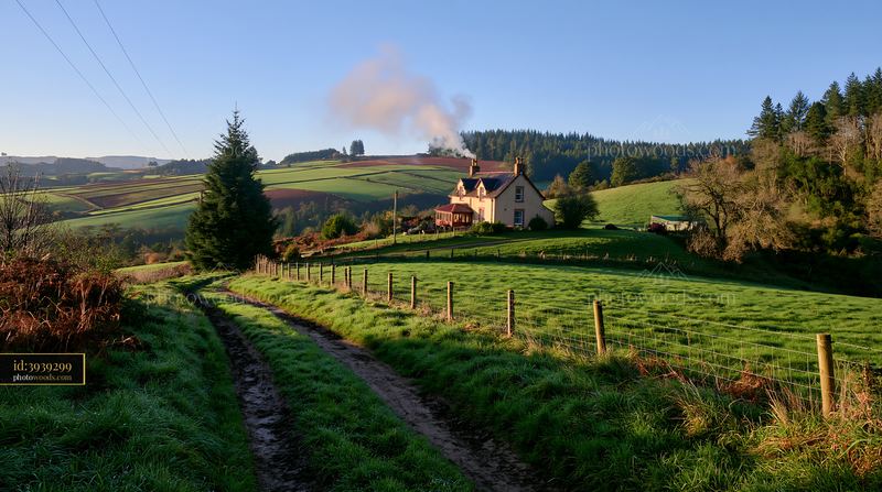 Rural cottage with chimney smoke on a green hillside