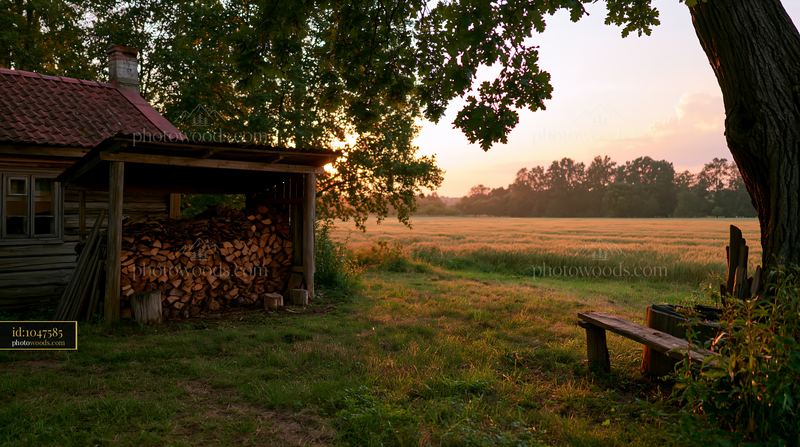 Rural cottage with firewood stack near a golden field at sunset