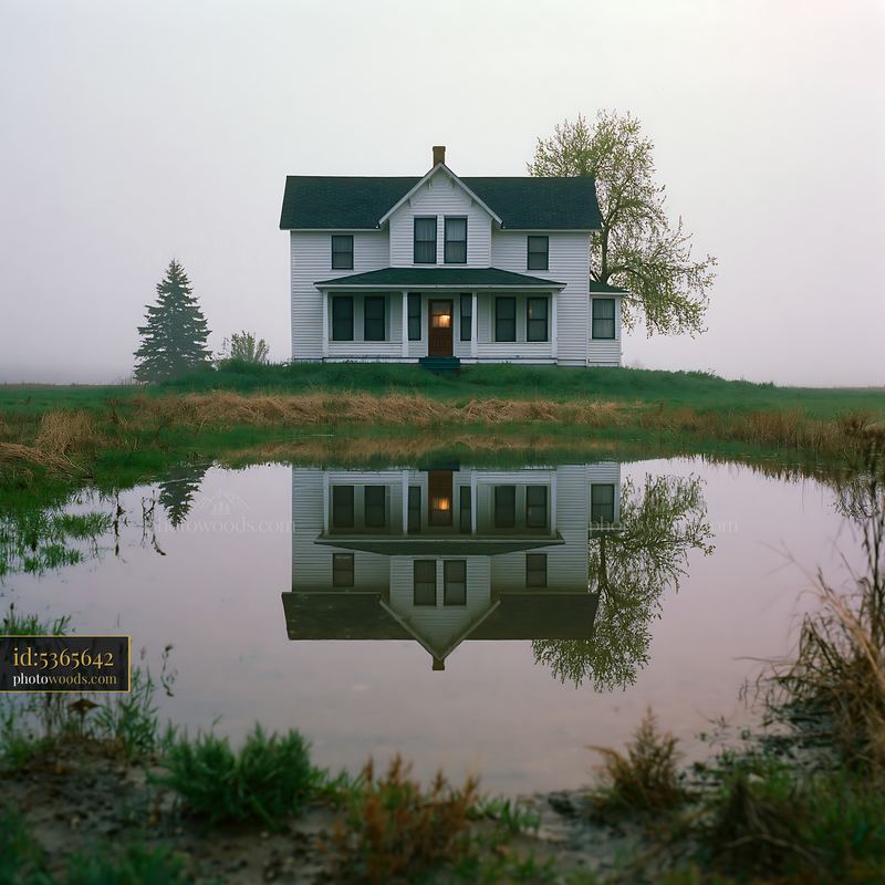 Rural farmhouse in morning fog by a reflective pond