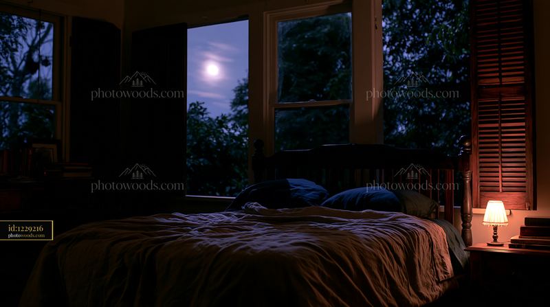 Rustic bedroom features linen bedding and moonlit windows