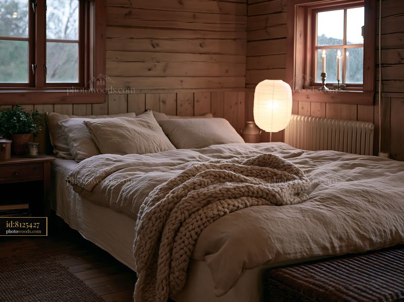 Rustic bedroom featuring linen bedding and warm wood accents