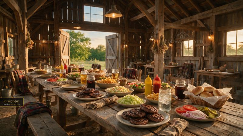 Rustic burger buffet setup in a barn with tables arranged