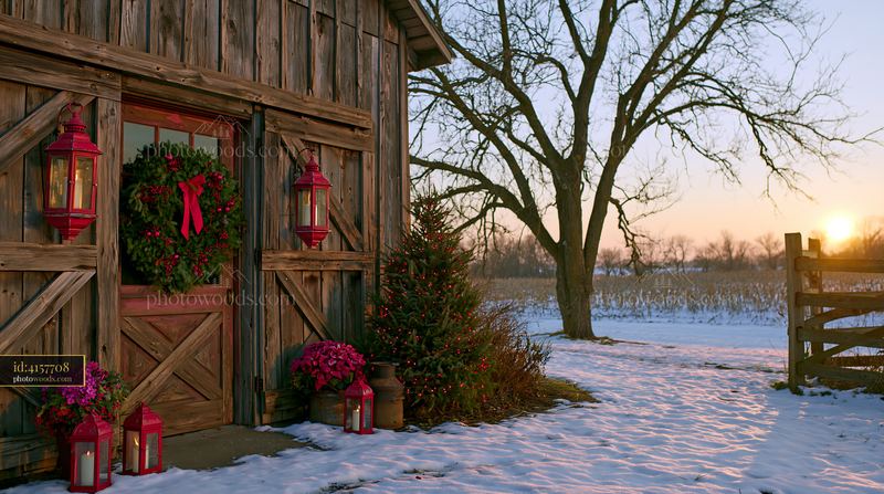 Rustic farmhouse with festive red and green decorations at sunset