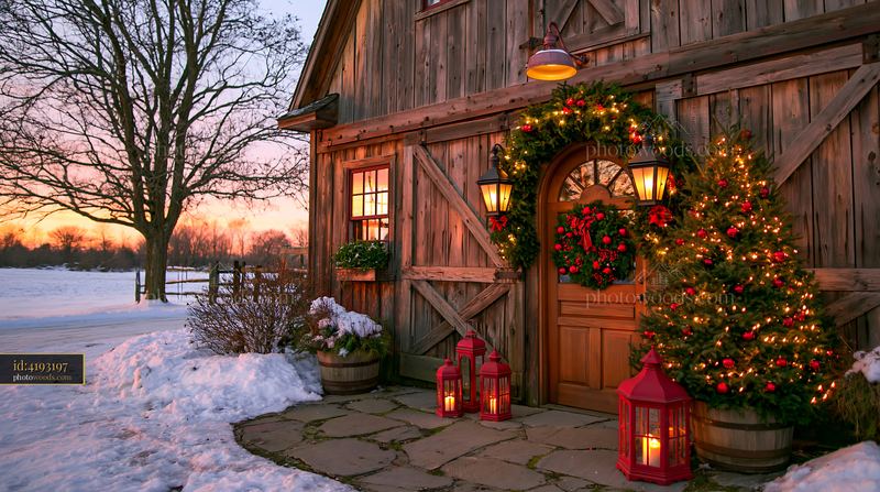 Rustic farmhouse exterior decorated with festive red and green items