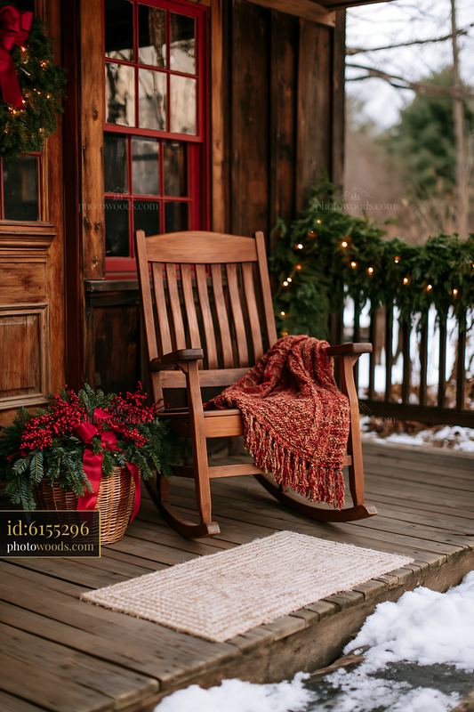 Rustic cottage porch with Christmas decorations filled with details