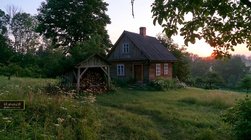Rural cottage with firewood stack at sunset